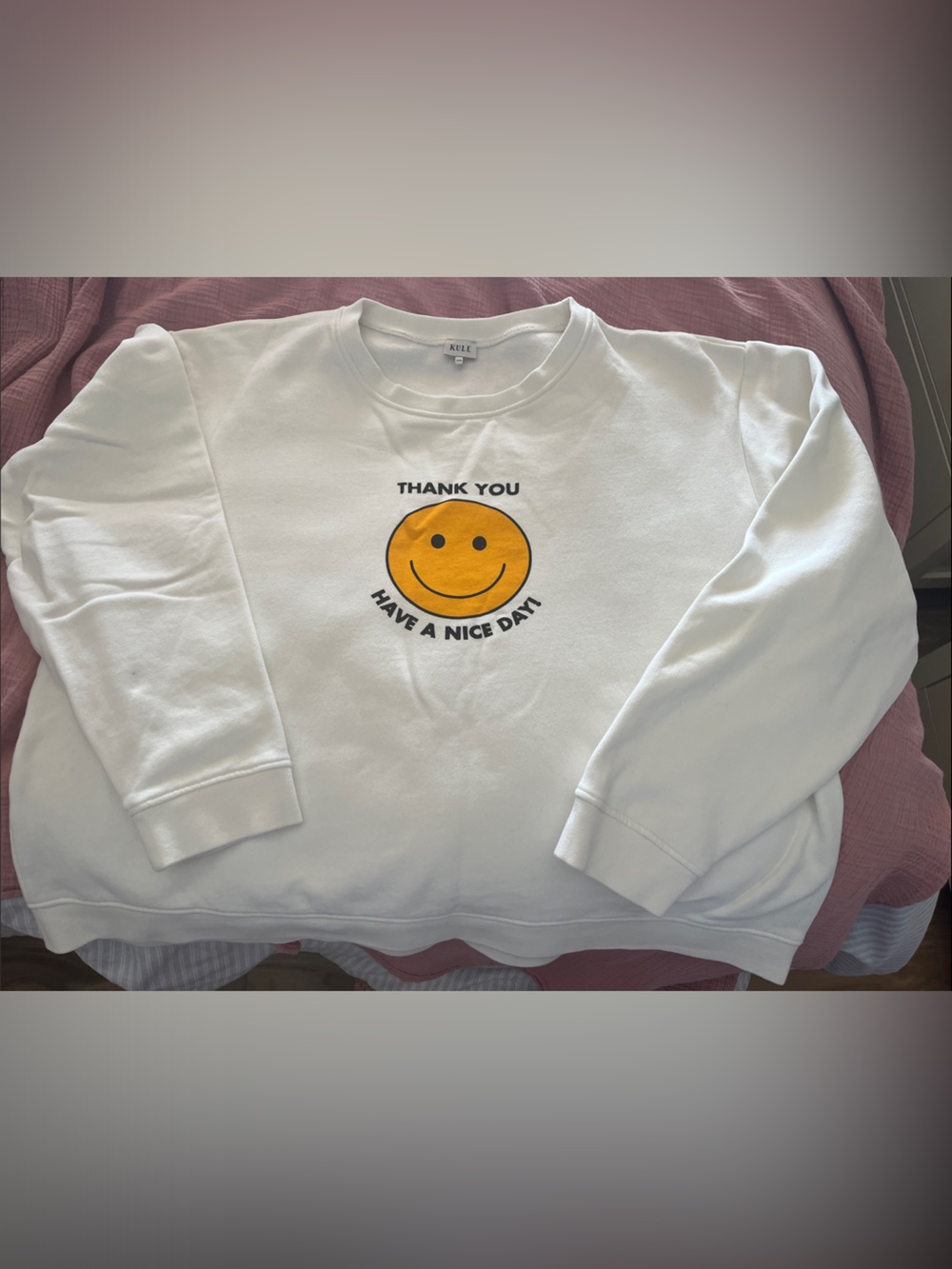 KULE White Sweatshirt with Yellow Smiley Graphic